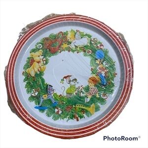 Vintage Metal Christmas Circle Serving Tray Pan Wreath NEW Angel